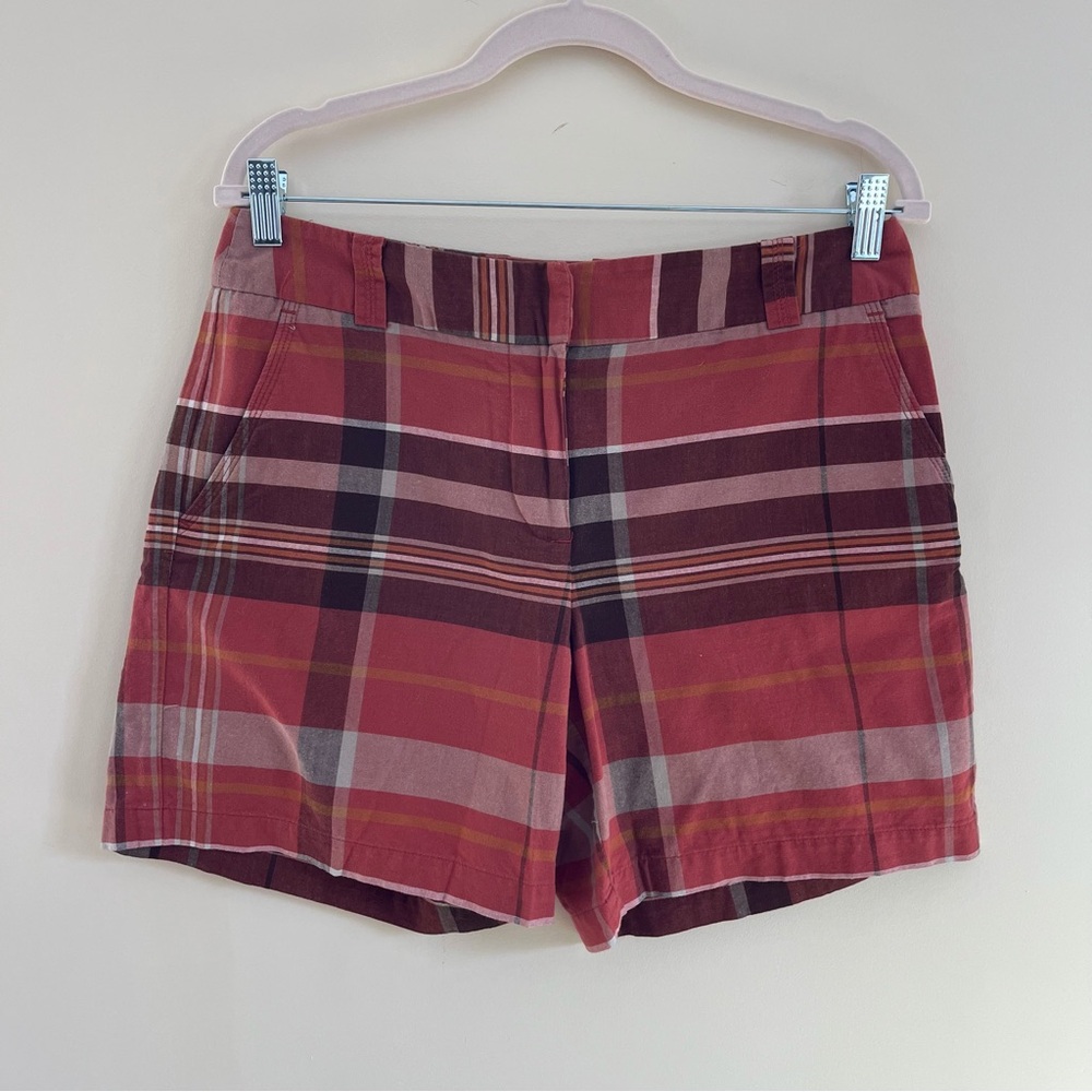 Context terracotta red plaid madras shorts